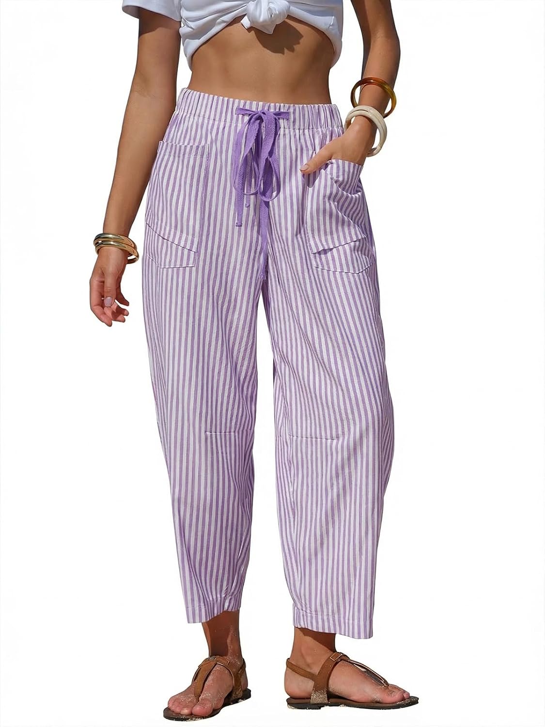 EXLURA Womens Faux Linen Striped Barrel Capri Pants Drawstring Trousers