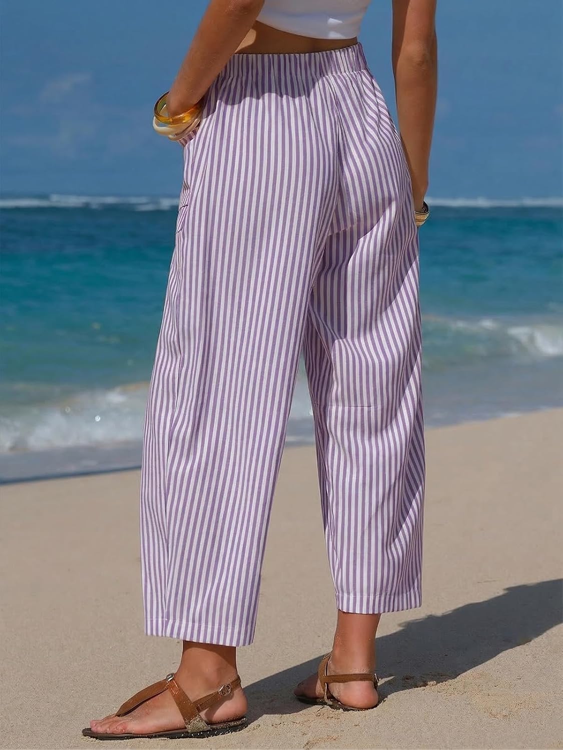 EXLURA Womens Faux Linen Striped