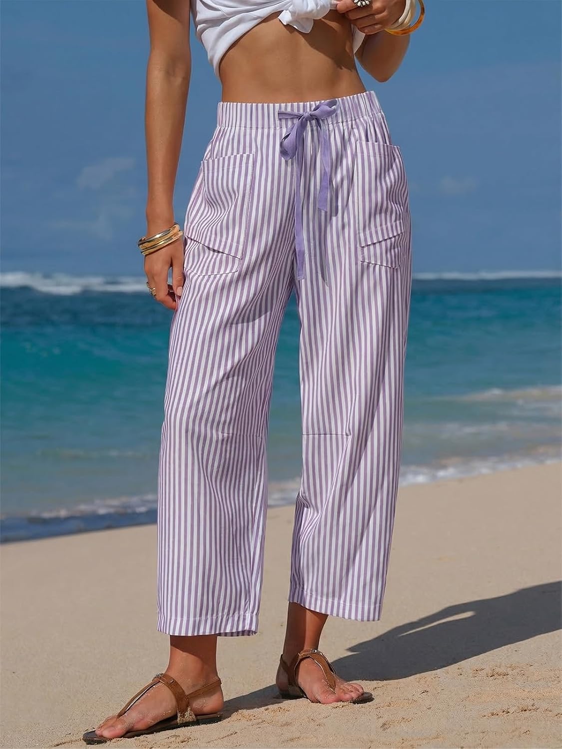 EXLURA Womens Faux Linen Striped