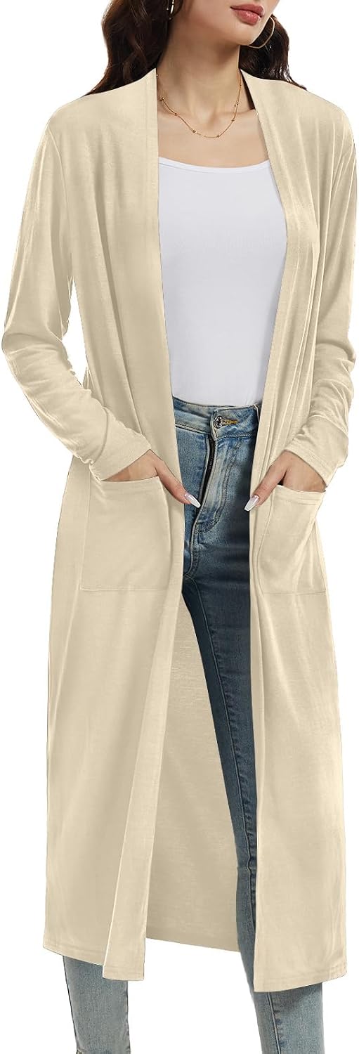 Womens Maxi Cardigan Lightweight Long Sleeve Open Front Casual Cardigans Duster with Pockets