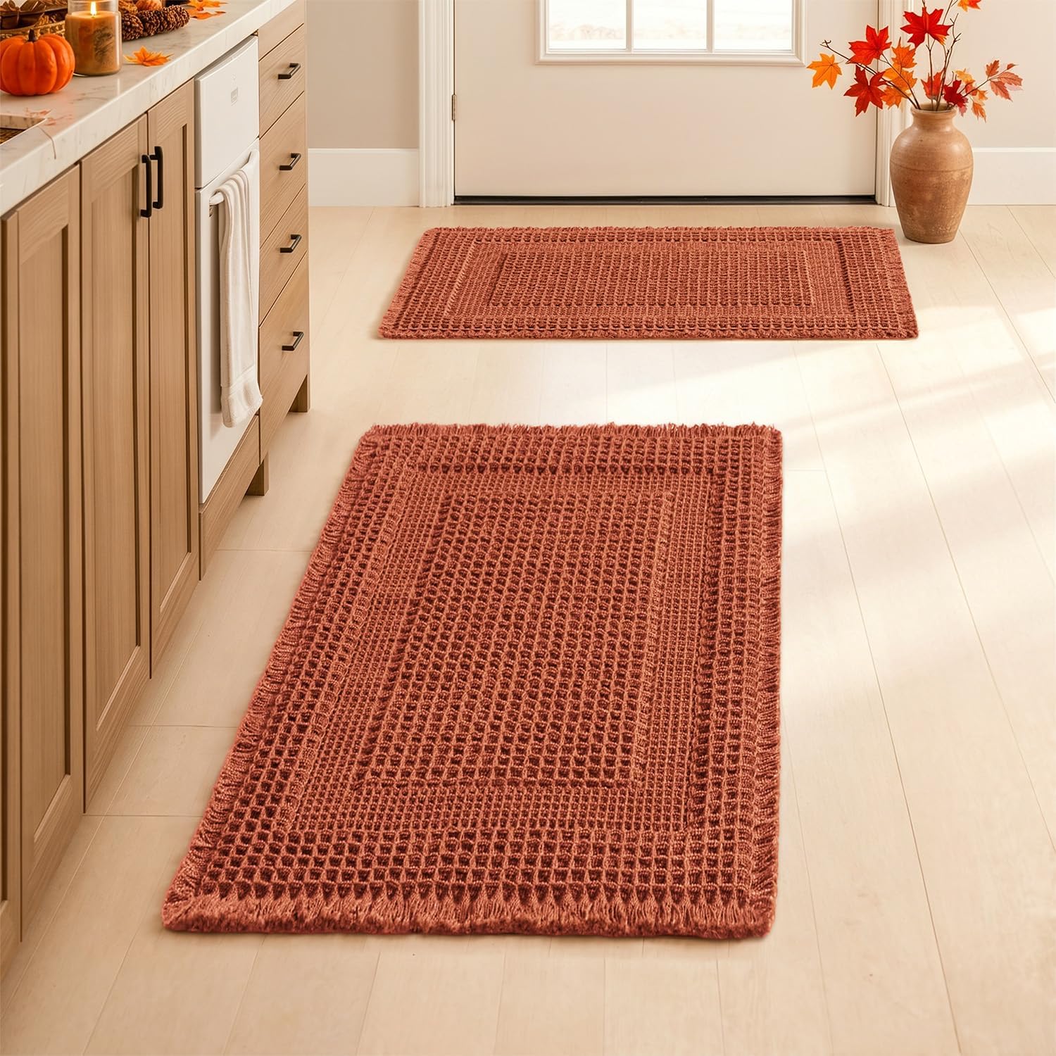 MIULEE Fall Orange Set of 2 Waffle Bathroom Rugs Boho Bath Mat 17x24 in