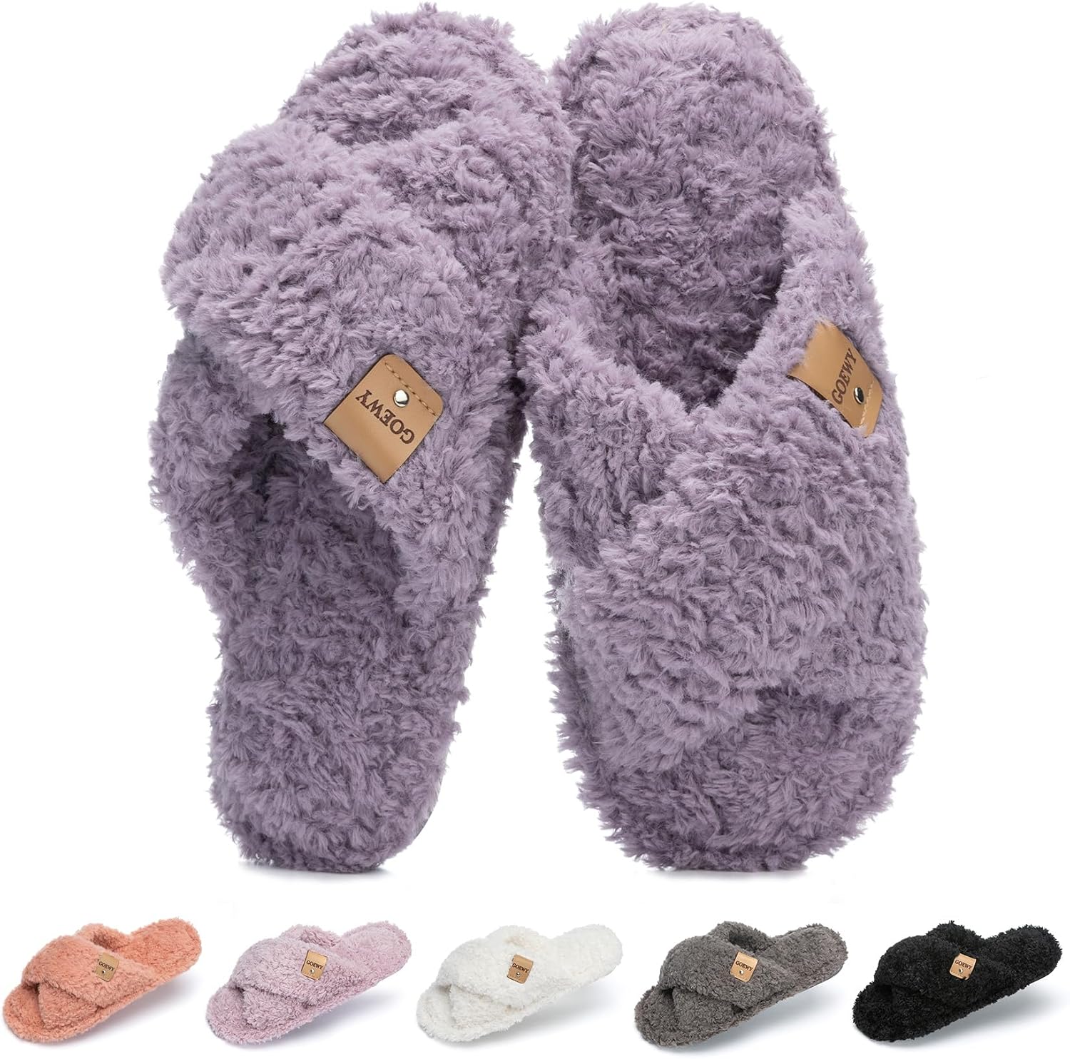 GOEWY Fuzzy Open Toe Slippers for Women Cozy Memory Foam House Shoes Indoor