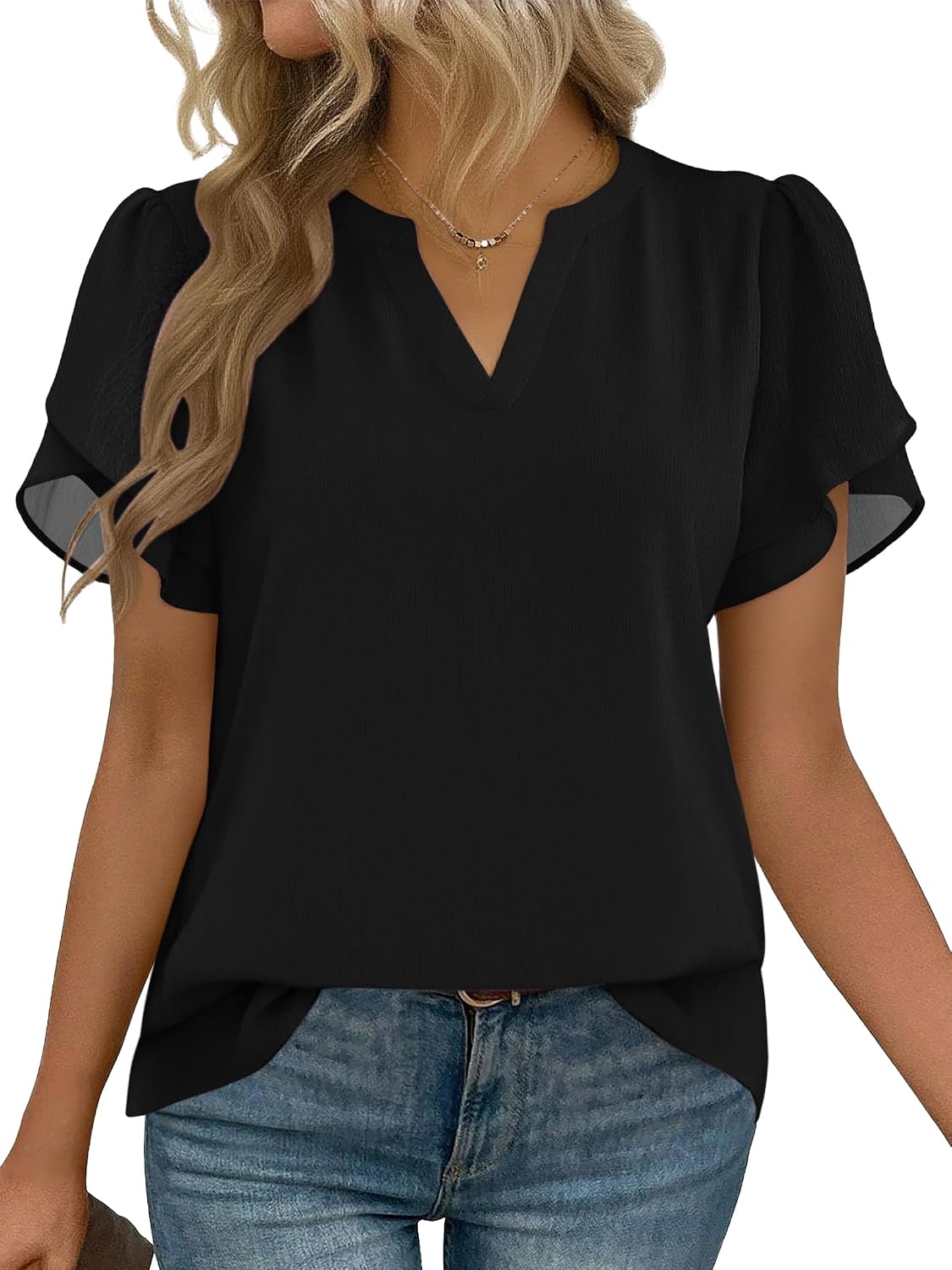 Zeagoo Womens Dressy Casual Chffon Shirts Short Sleeve V Neck Work Blouse