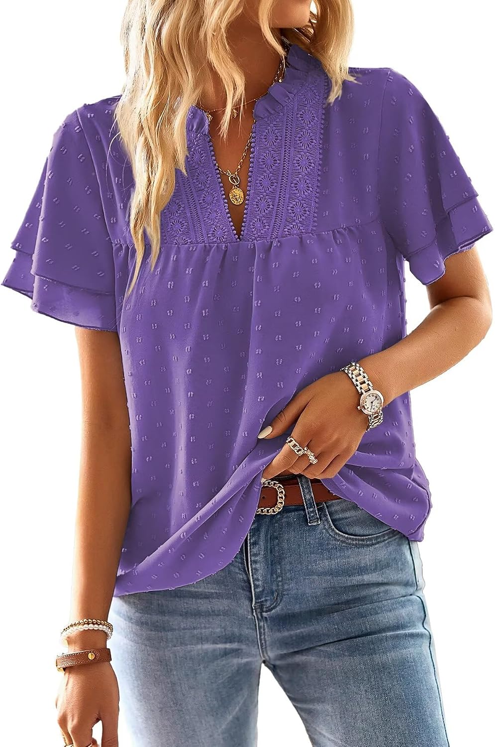Falechay Womens Tops Boho Flowy Shirts Dressy Casual Short Sleeve Blouses