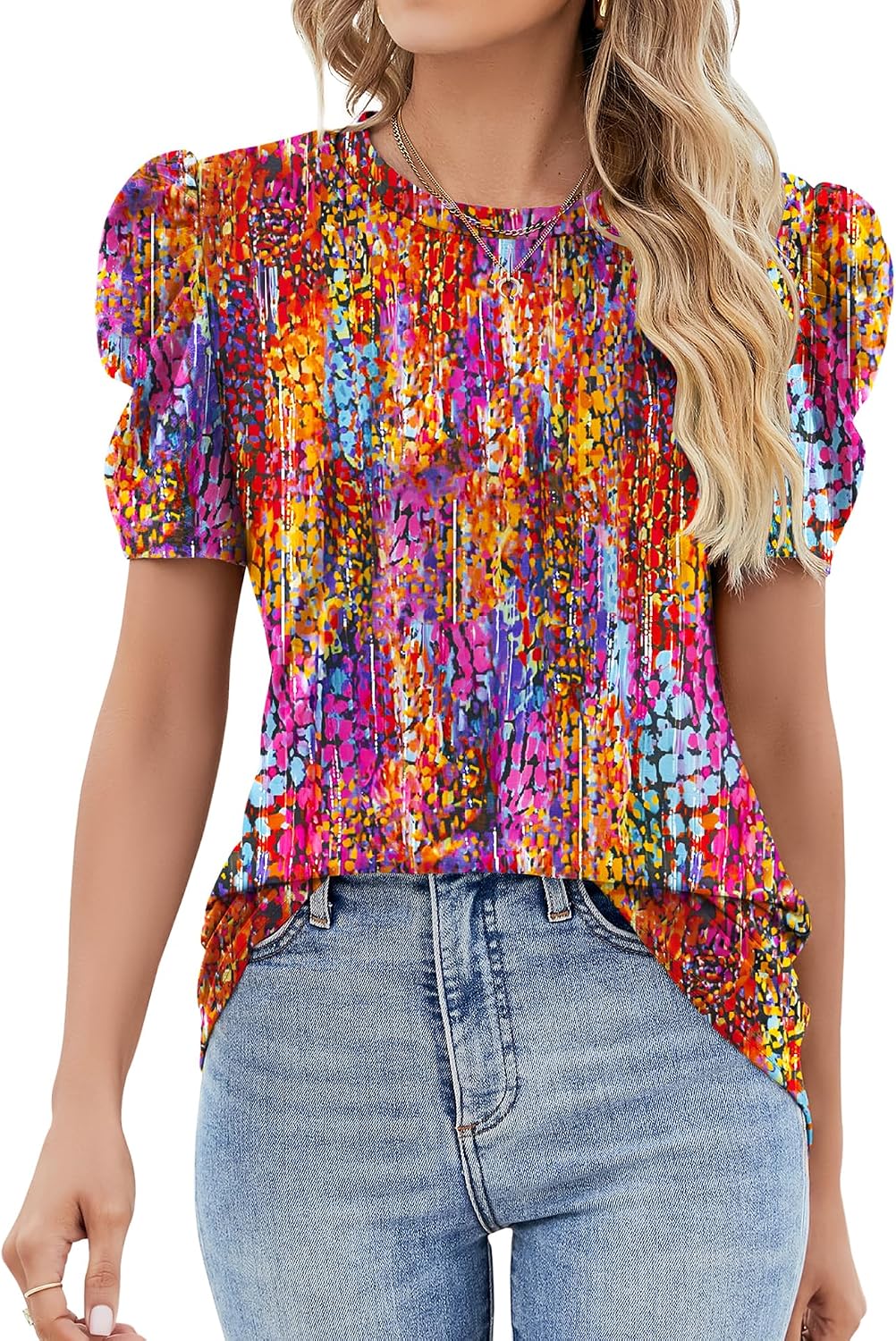Ivicoer Puff Short Sleeve Shirt for Women Eyelet Tops Summer Crewneck Blouse Loose Fit S-XXL