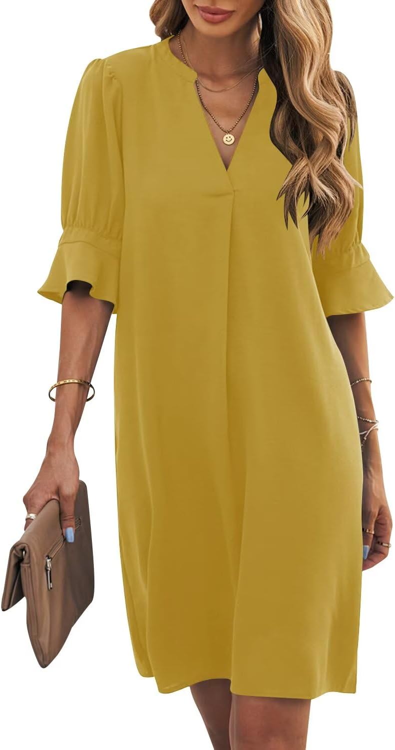 Wkior Womens Summer Ruffle Short Sleeve V Neck Shift Dress