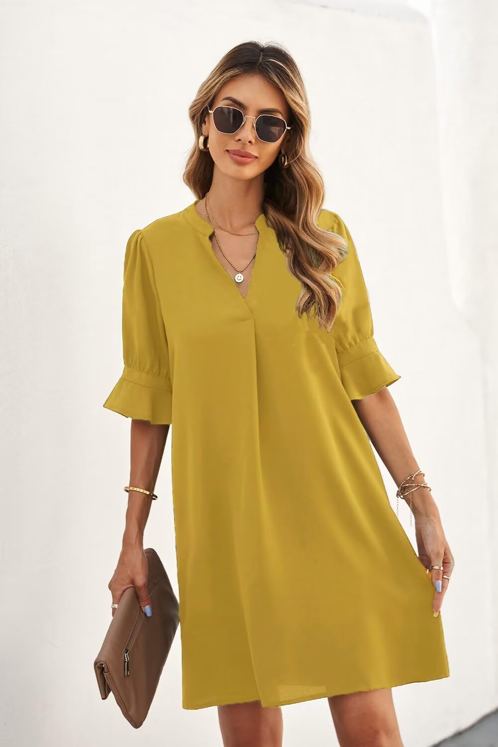 Wkior Womens Summer Ruffle Short Sleeve V Neck Shift Dress - Image 2