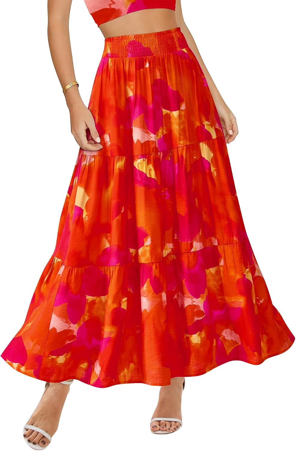 BTFBM Long Skirts for Women 2026 Summer Boho Floral Midi Skirt with Pockets