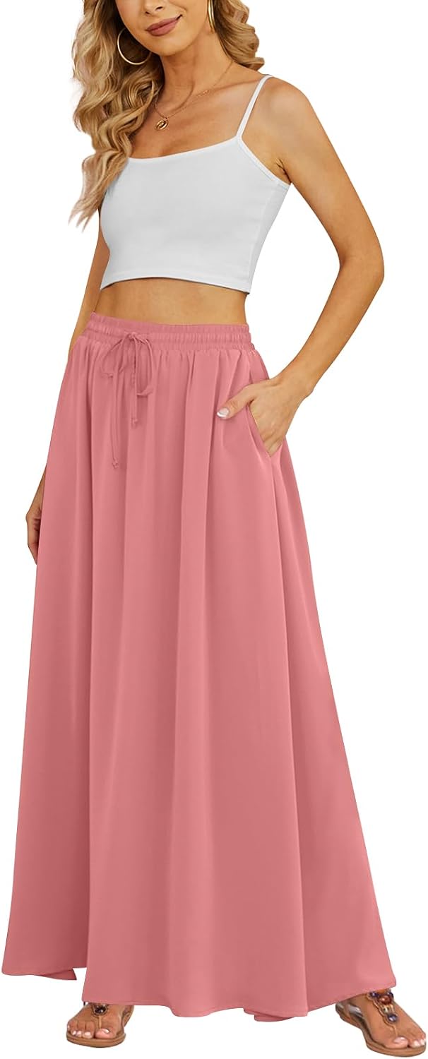 Yincro Women's Maxi Skirt Flowy High Waist Casual Long Skirts with Pockets