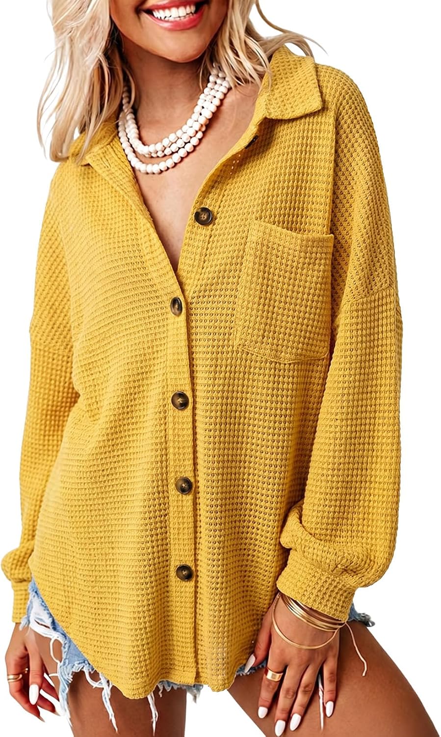 Dokotoo Womens Waffle Knit Shacket Jacket Casual Button Down Shirts Tops