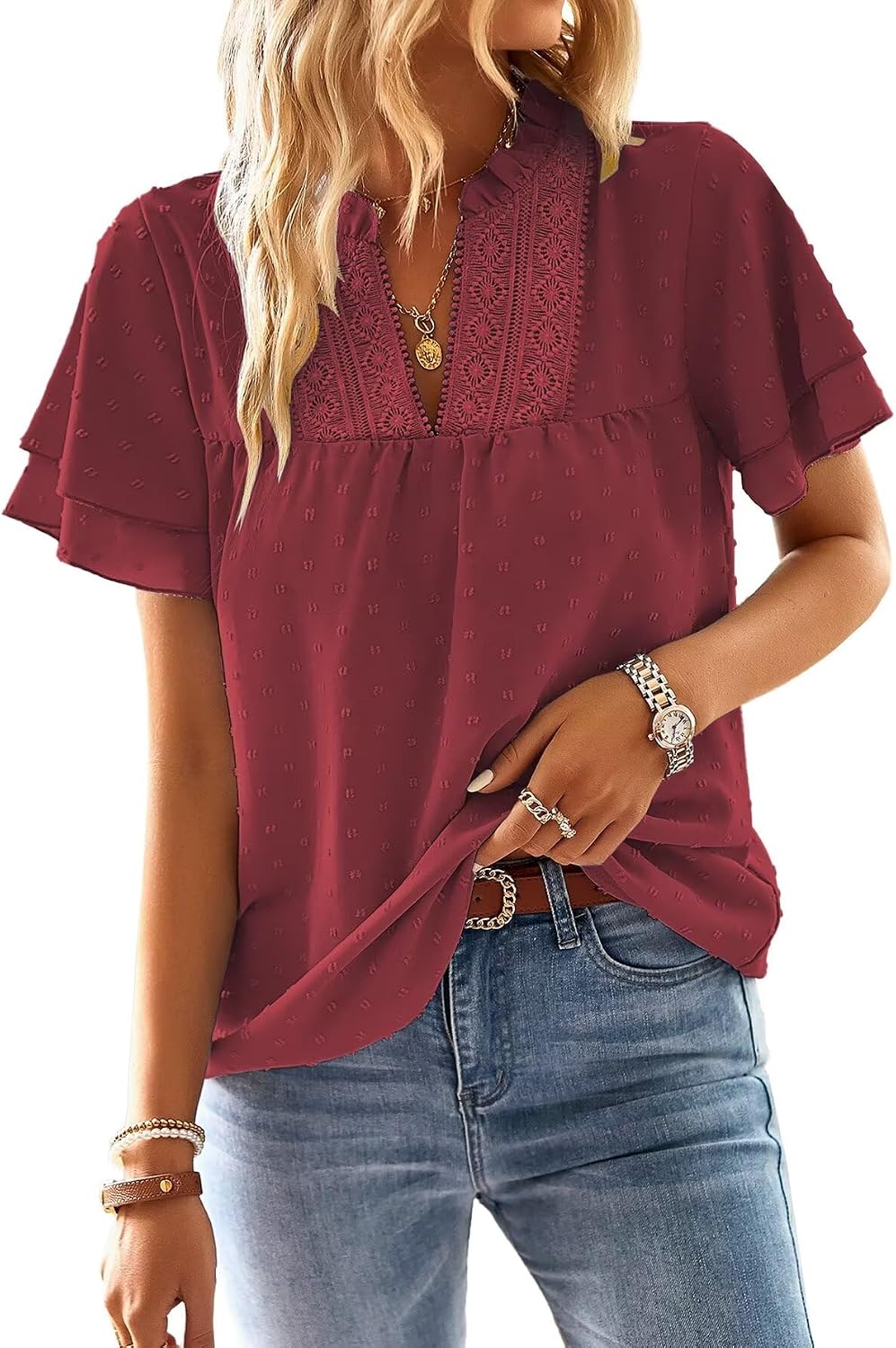 Falechay Womens Tops Boho Flowy Shirts Dressy Casual Short Sleeve Blouses