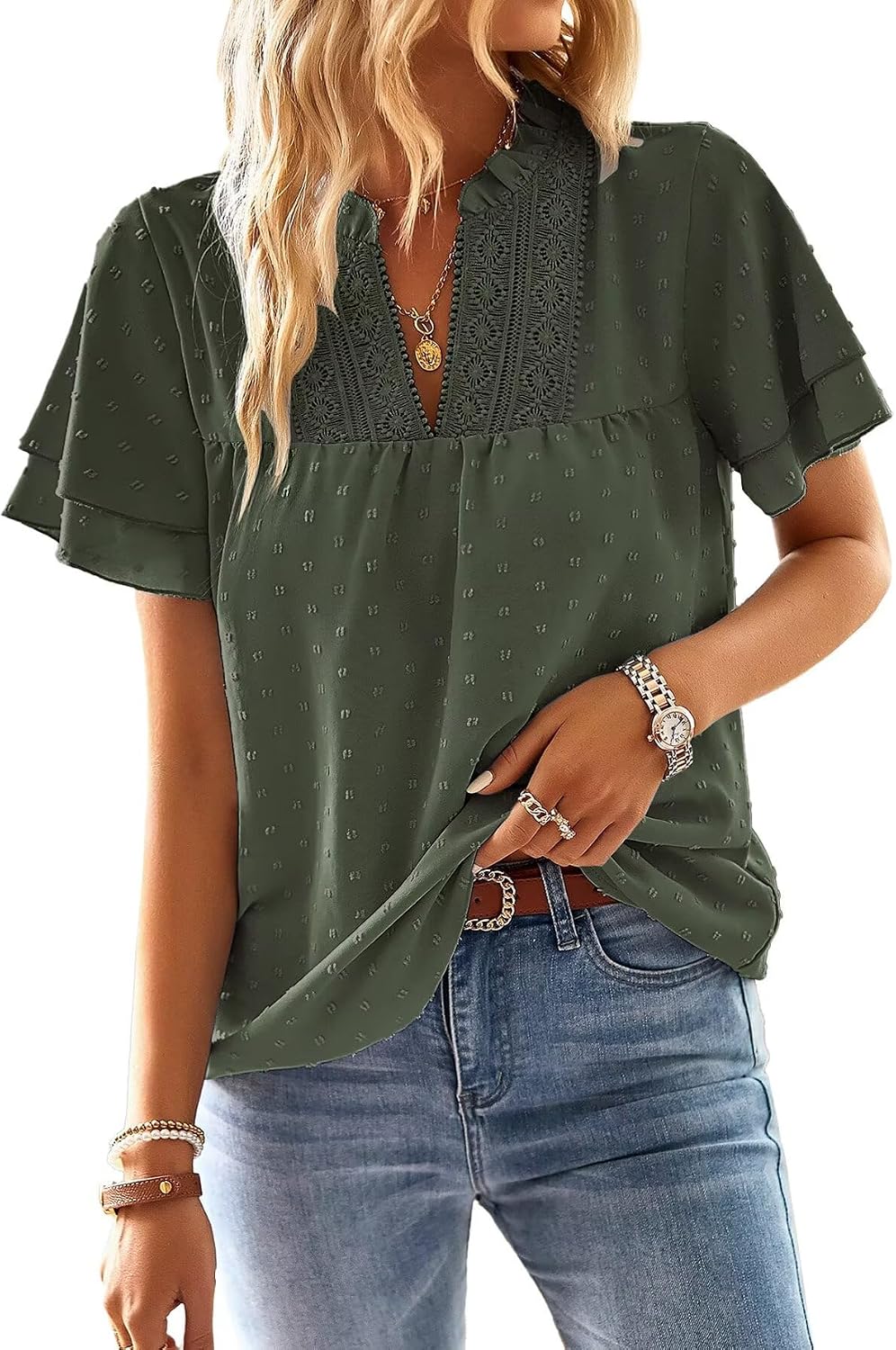 Falechay Womens Tops Boho Flowy Shirts Dressy Casual Short Sleeve Blouses