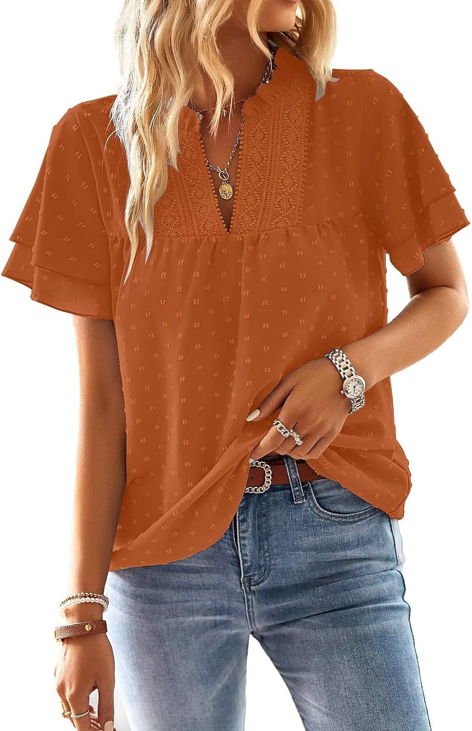 Falechay Womens Tops Boho Flowy Shirts Dressy Casual Short Sleeve Blouses