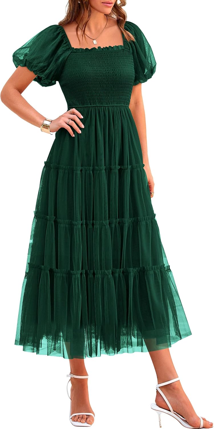 PRETTYGARDEN Women's Summer Smocked Midi Tulle Dress