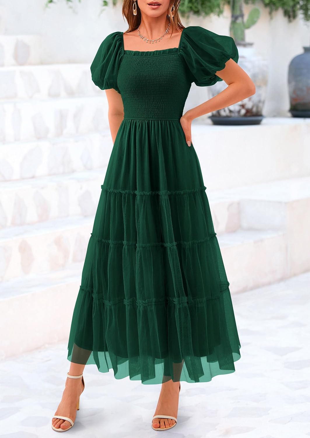 PRETTYGARDEN Women's Summer Smocked Midi Tulle Dress - Image 6