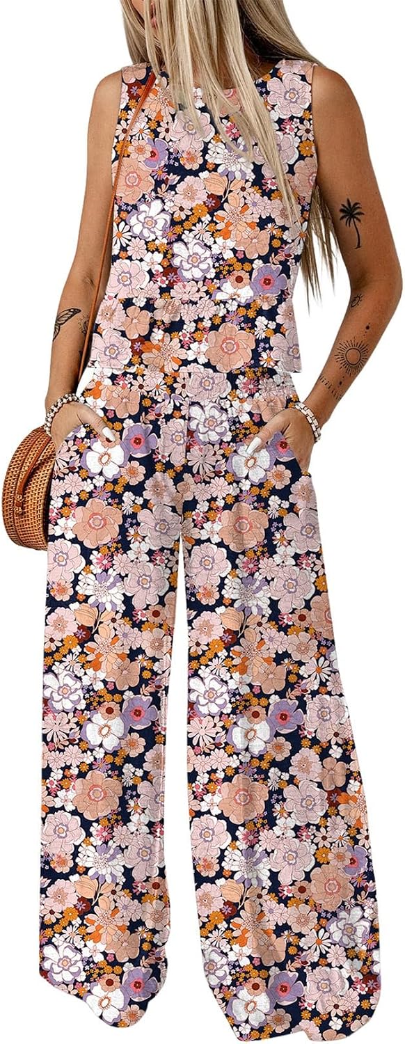 Dokotoo Womens 2 Piece Outfits Tank Tops Elastic Waist Wide Leg Pants Sets