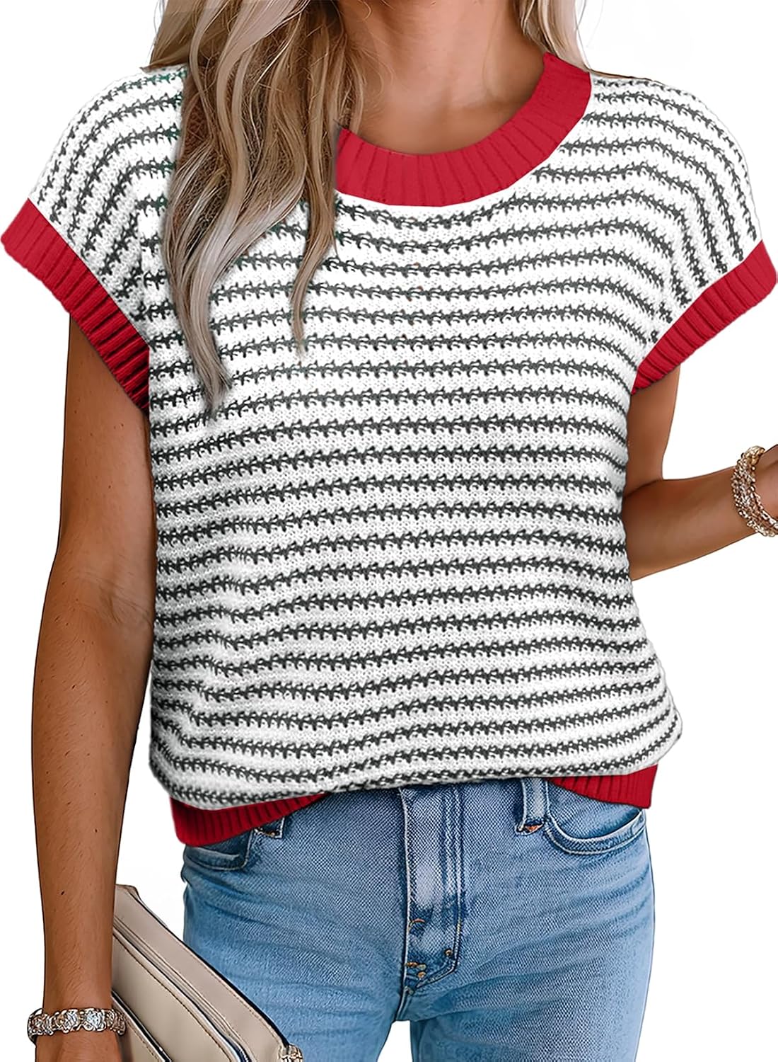 EVALESS Women's Striped Cap Sleeve Sweater Vest Round Neck Tank Top