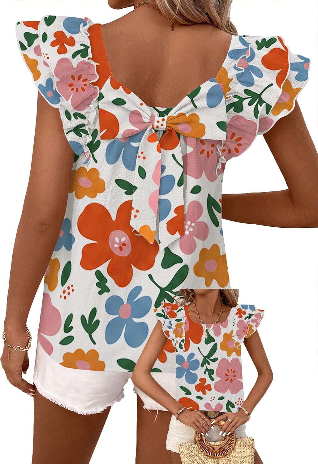 Falechay Womens Bow Tie Back Tops Babydoll Vneck Ruffle Short Sleeve Shirts