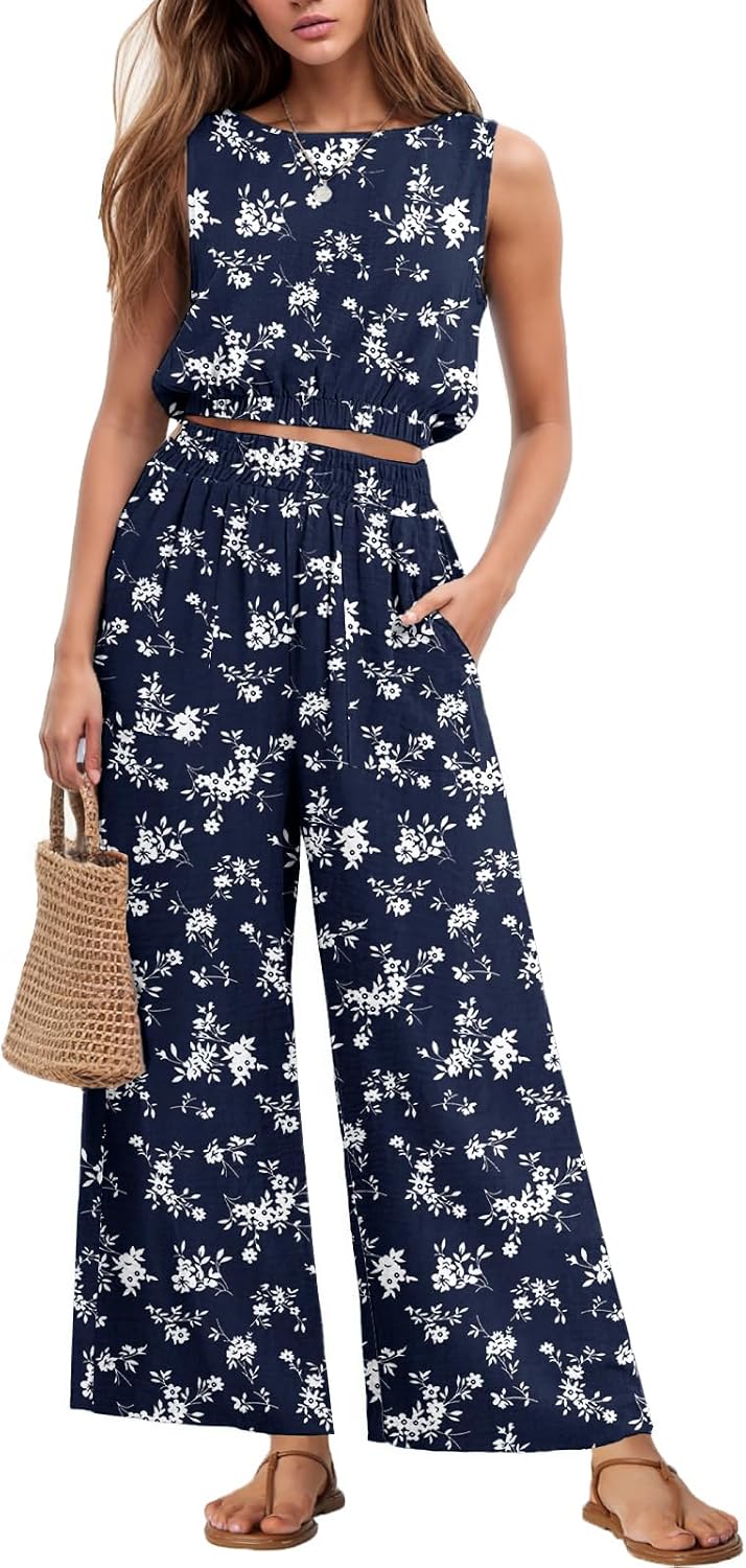 GRECERELLE Two Piece Sets for Women Summer Crop Top Wide Leg Pants 2026