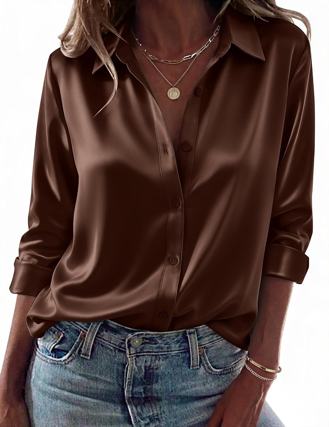 Zeagoo Womens Tops Long Sleeve Satin Silk Button Down Shirts Dressy Blouses