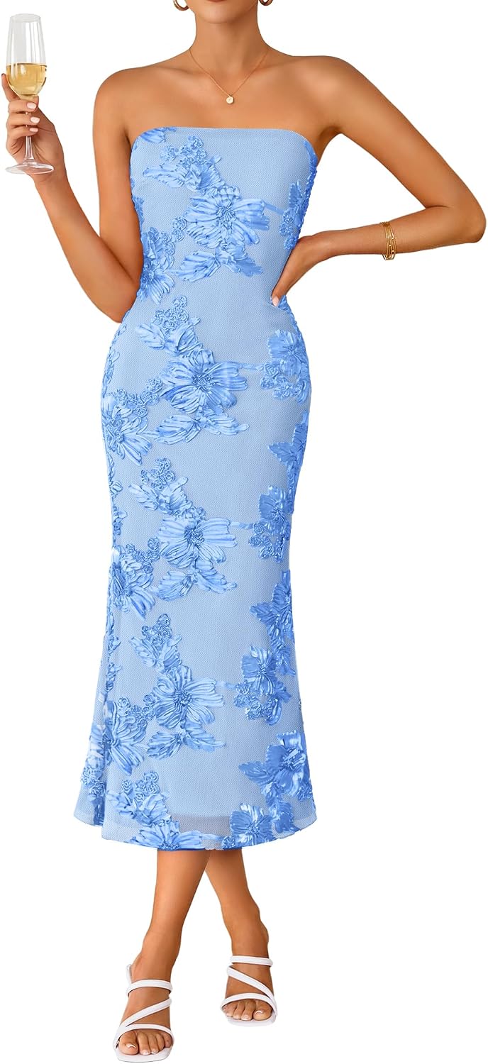 ZESICA 2026 Summer Strapless Floral Cocktail Wedding Guest Dress for Women