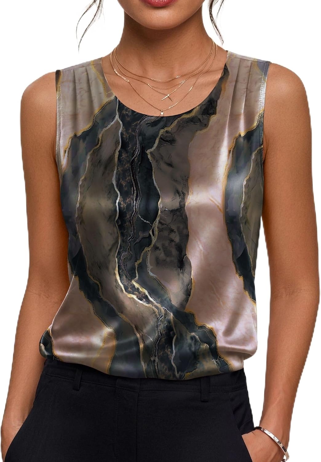 Zeagoo Womens Satin Tank Top Pleated Sleeveless Blouse Dressy Casual Tops