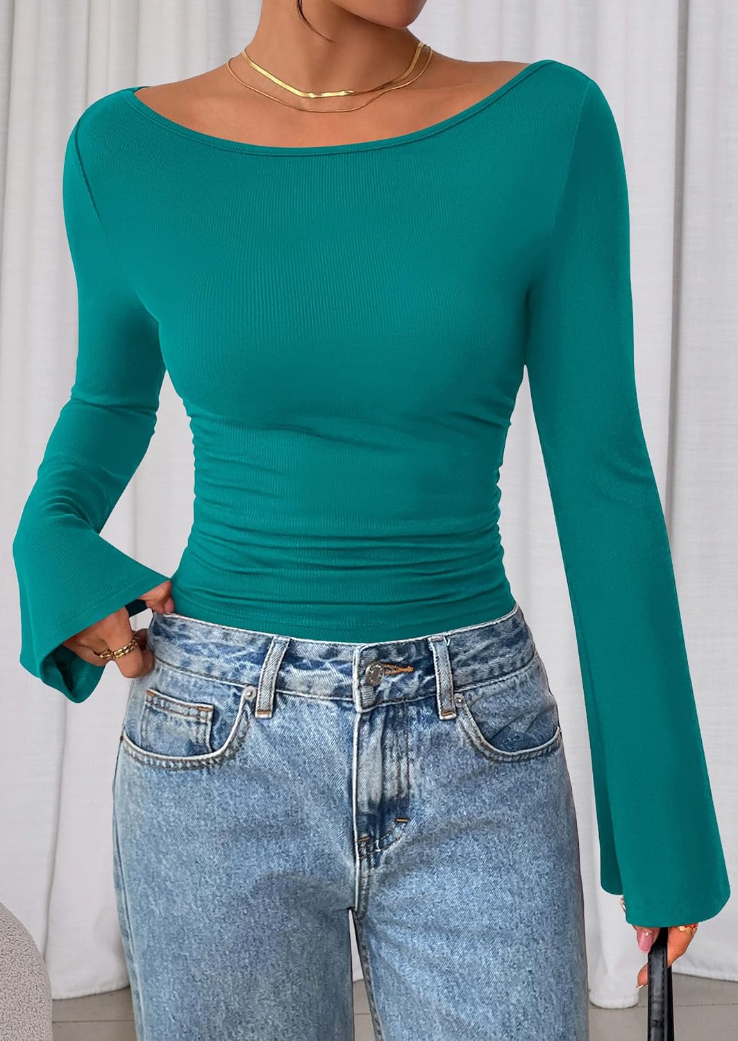 PRETTYGARDEN Womens Bell Long Sleeve Ribbed Knit Tops - Image 7