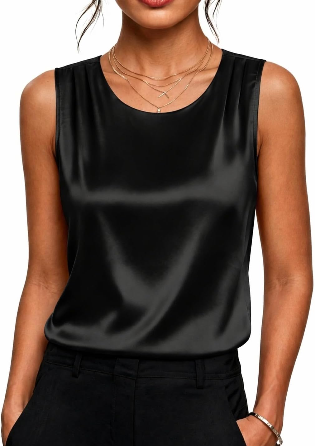 Zeagoo Womens Satin Tank Top Pleated Sleeveless Blouse Dressy Casual Tops