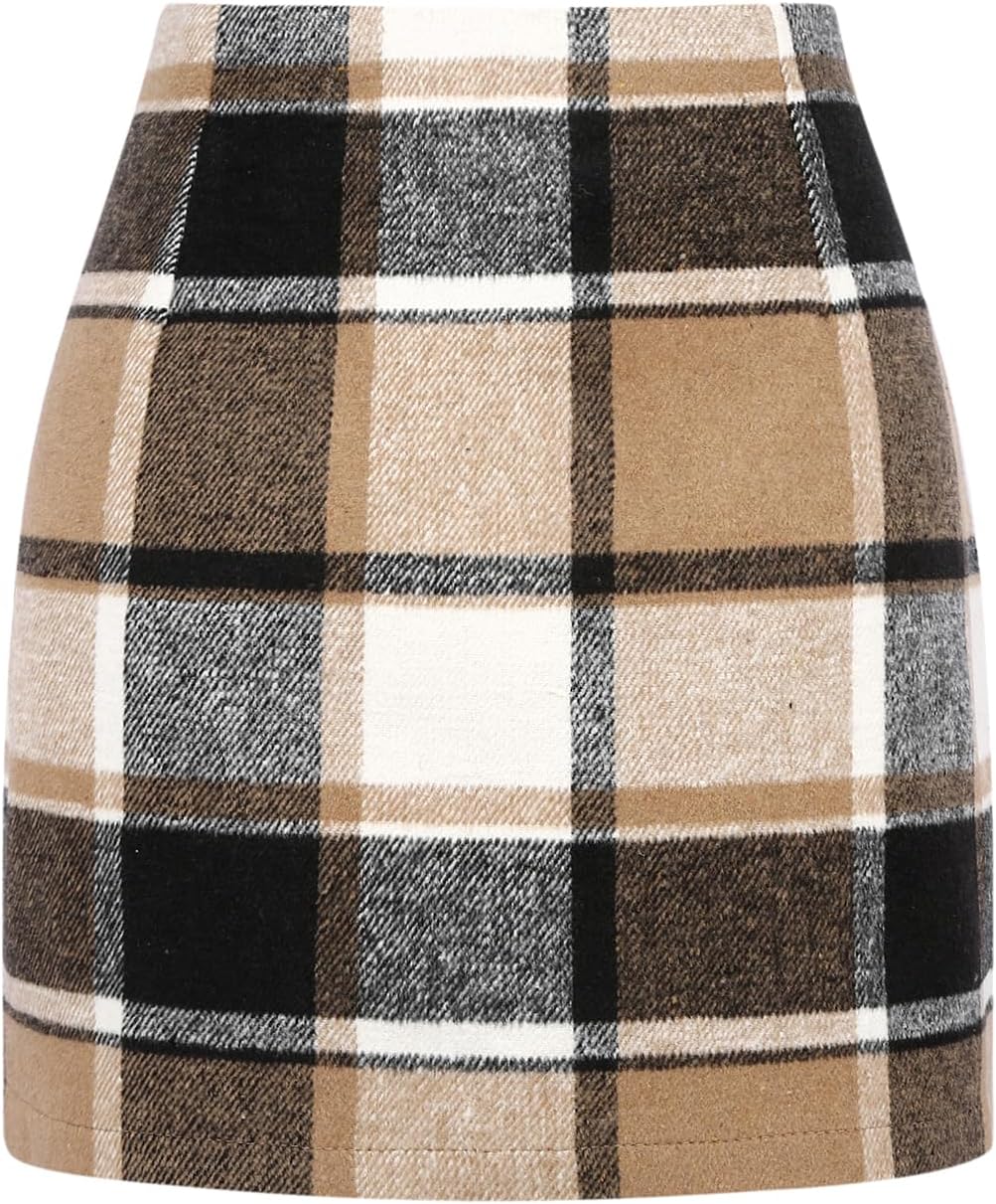 IDEALSANXUN Womens High Waist Plaid Skirt Bodycon Pencil Wool Mini Skirts