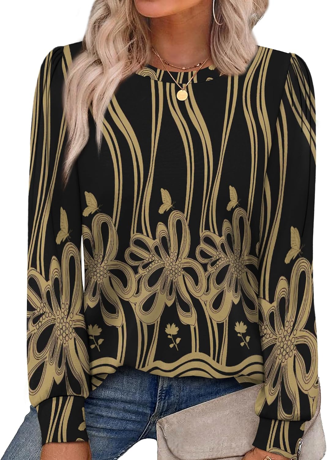 Alaroo Womens Long Sleeve Shirts 2026 Fall Tunic Tops Crewneck Blouses Print