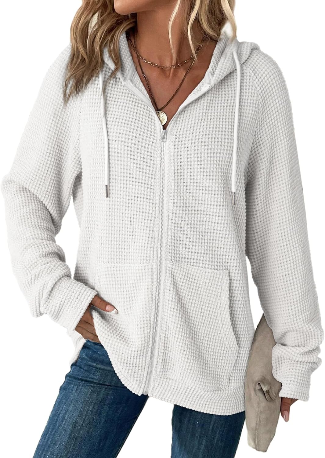 Dokotoo Women's Full Zip Up Hoodies Waffle Knit Long Sleeve Sweatshirt Tops