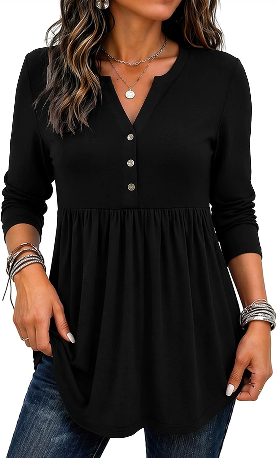 Zeagoo Women Blouses Long Sleeve Top Boho Henley Vneck Pleated Fall Tunic