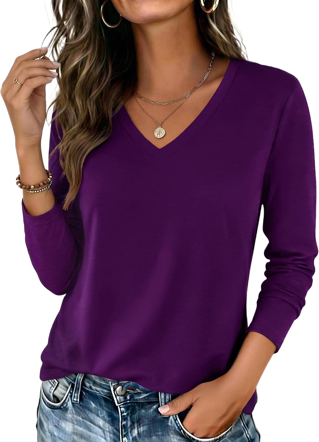 Zeagoo Womens Shirts Long Sleeve Tops V Neck Casual Basic Tee Fall Outfits