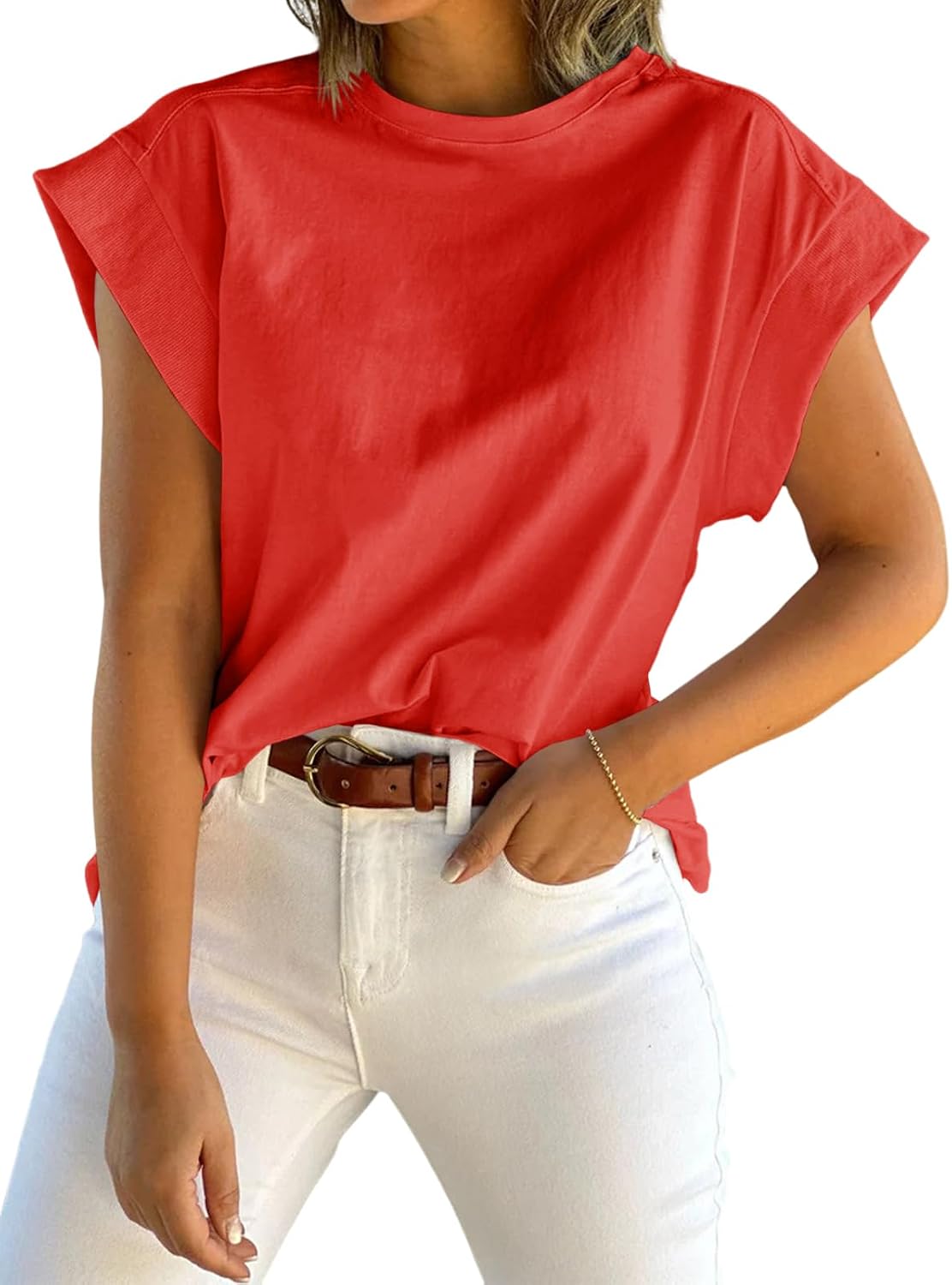 Tankaneo Womens Summer Cap Sleeve Tank Top Crewneck Solid Casual Basic Tee