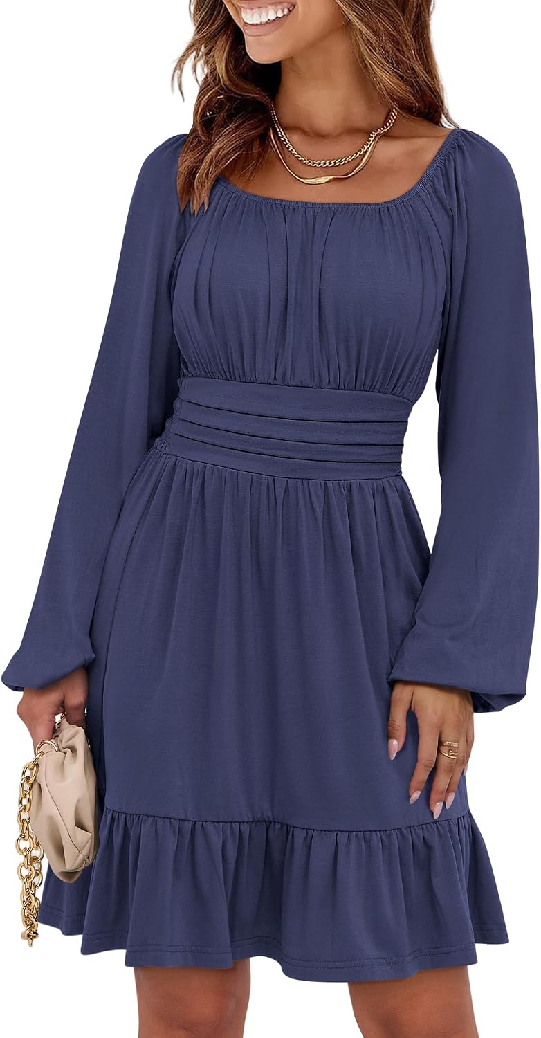 ANRABESS Women Long Lantern Sleeve Square Neck Fall Short Dress