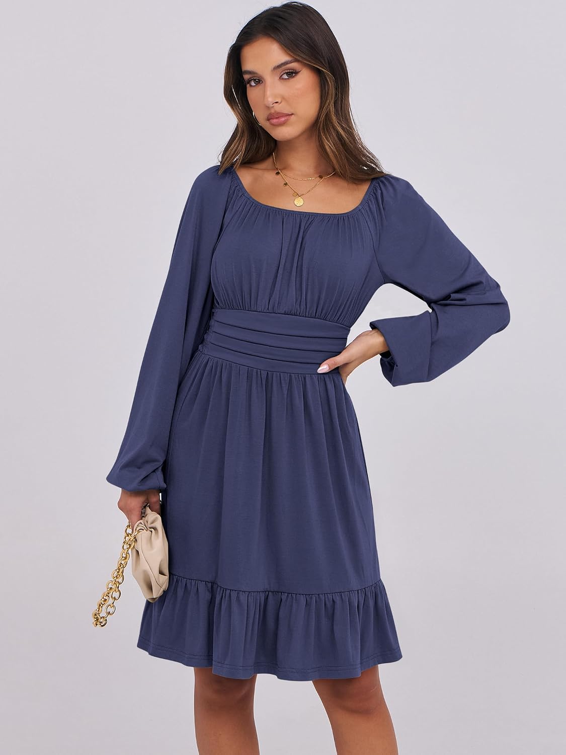ANRABESS Women Long Lantern Sleeve Square Neck Fall Short Dress - Image 2