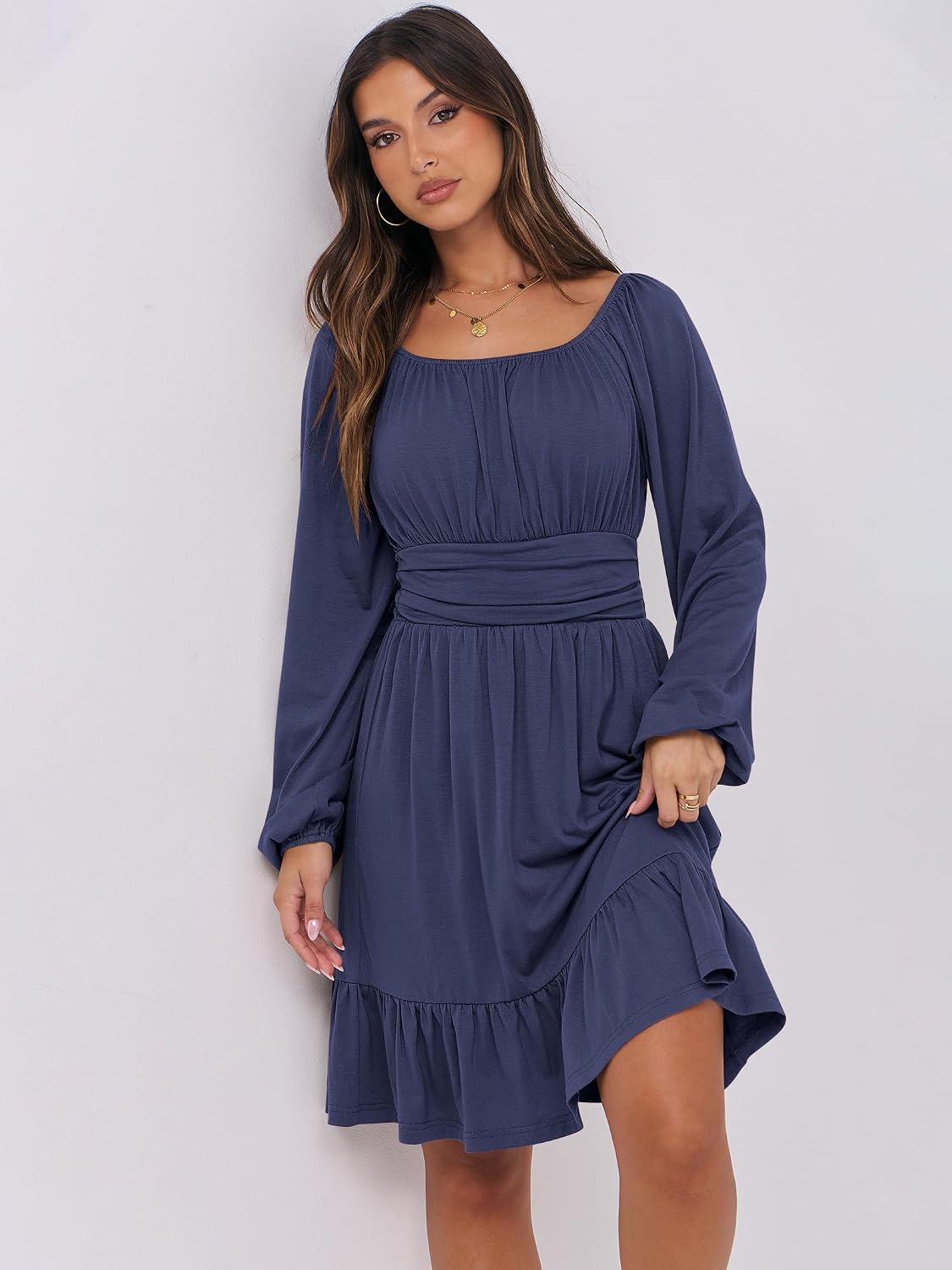 ANRABESS Women Long Lantern Sleeve Square Neck Fall Short Dress - Image 4