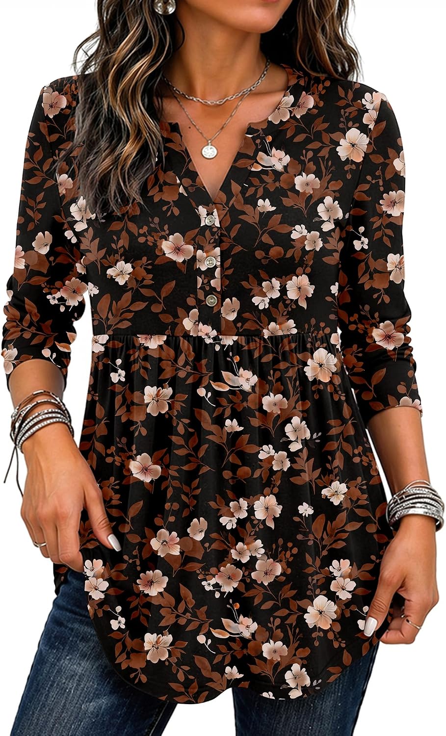 Zeagoo Women Blouses Long Sleeve Top Boho Henley Vneck Pleated Fall Tunic