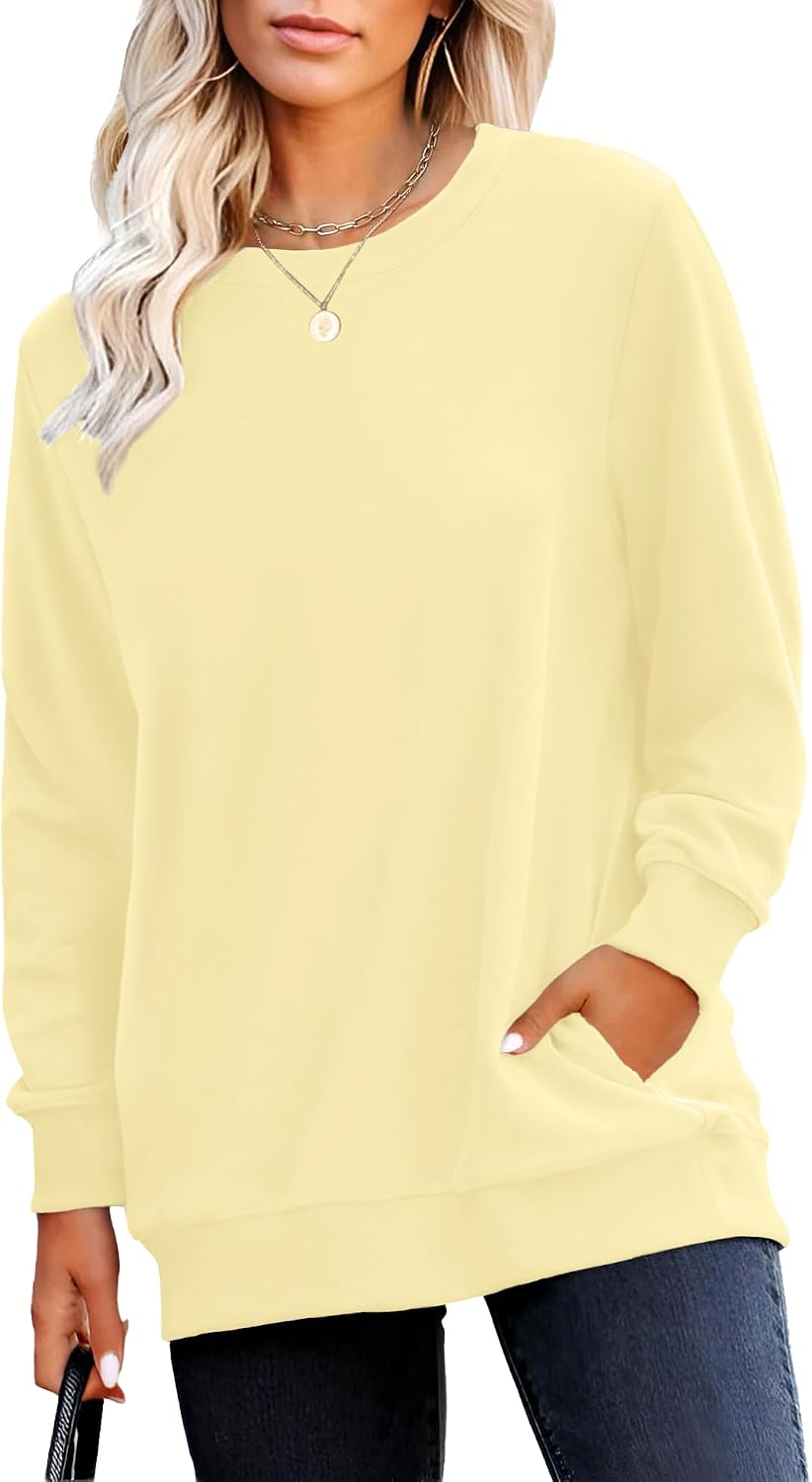 RUMIA Crewneck Fall Sweatshirt for Women Plain Long Sleeve Top with Pocket