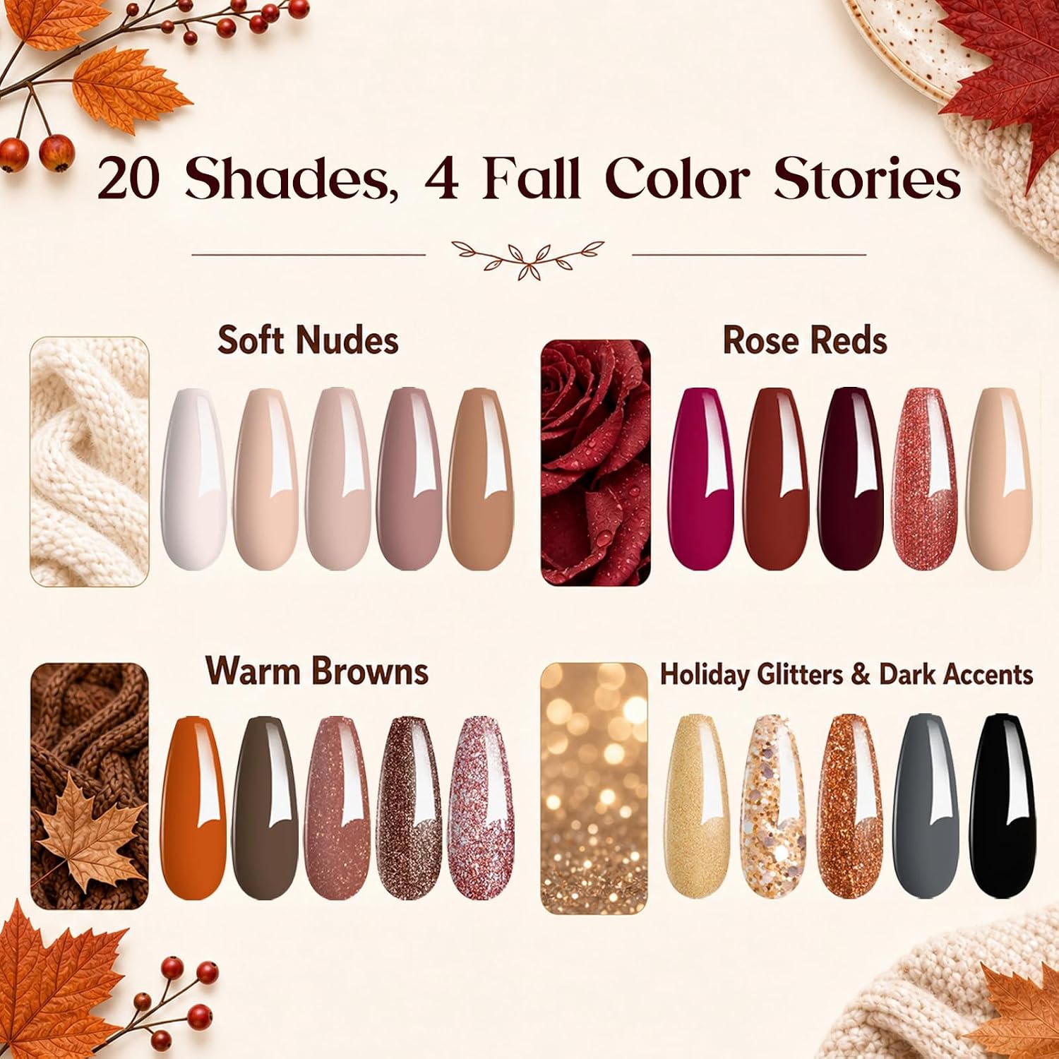 Beetles Fall Gel Nail Polish Set, 23Pcs Brown Burgundy Red Nude Pink - Image 2