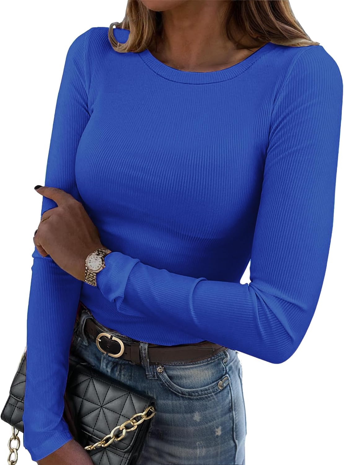 Zeagoo Women Long Sleeve Shirts Ribbed Slim Fit Tops Crewneck Basic Tee