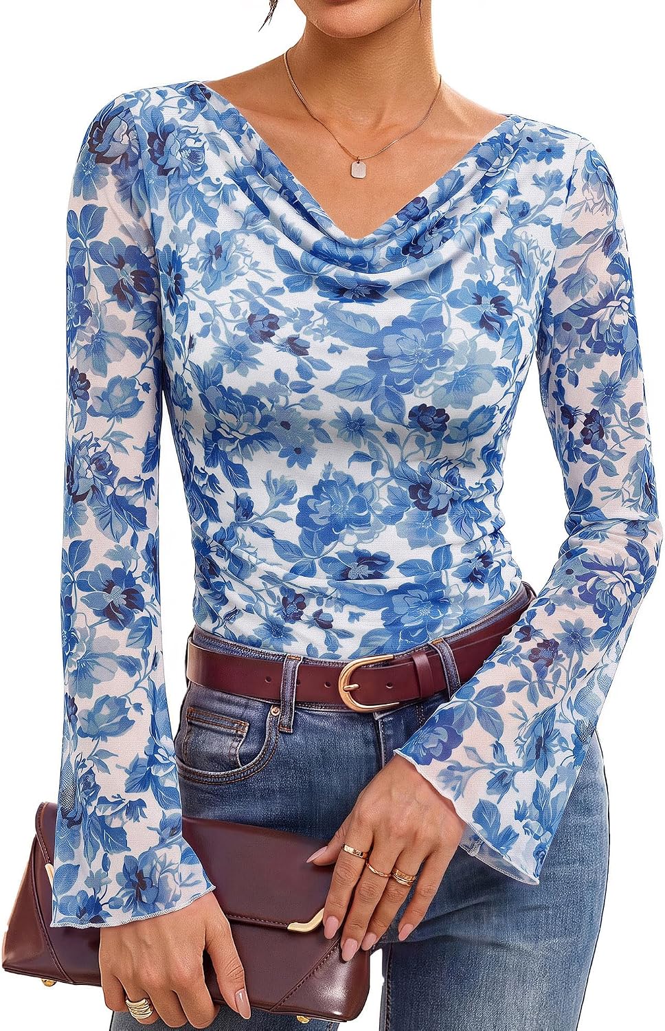 GRACE KARIN Women Boho Mesh Blouses Dressy Casual Cowl Neck Going Out Tops