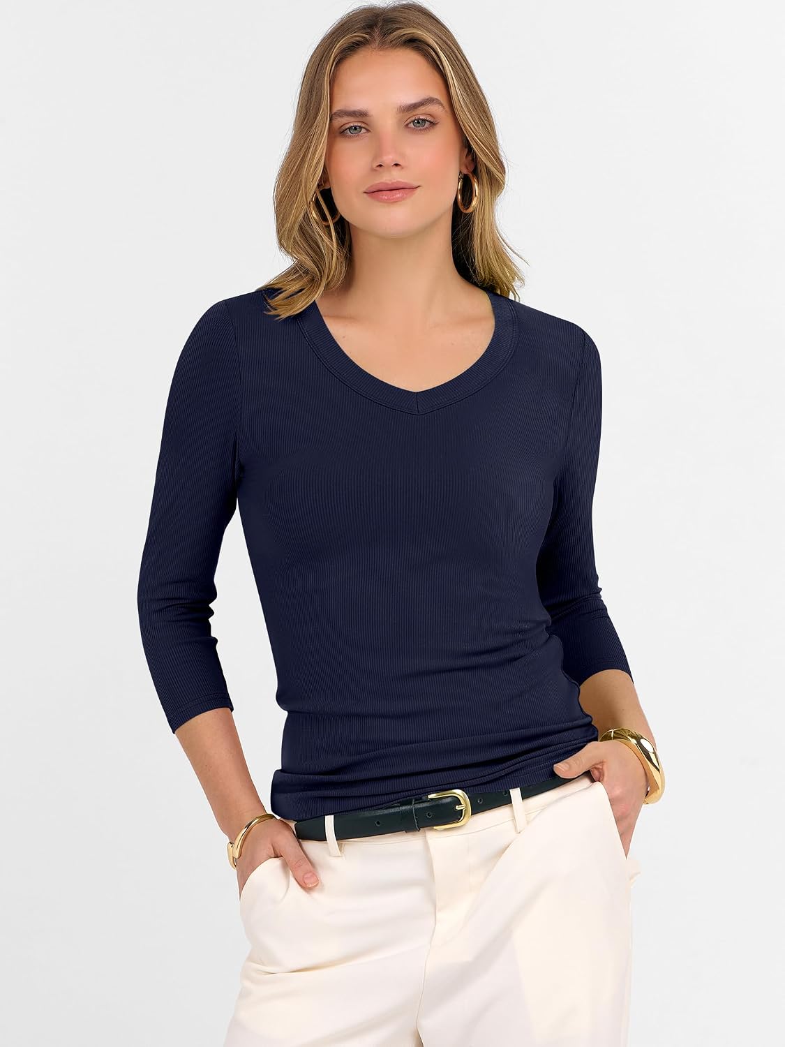 ANRABESS Womens 3/4 Sleeve Tops V Neck Fitted Ribbed Tee Shirts - Image 3