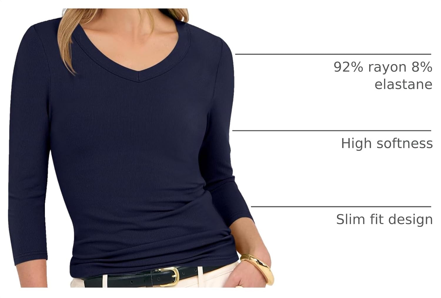 ANRABESS Womens 3/4 Sleeve Tops V Neck Fitted Ribbed Tee Shirts - Image 4