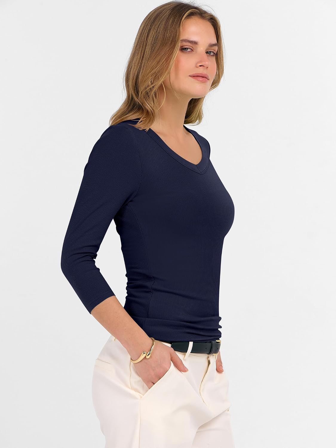 ANRABESS Womens 3/4 Sleeve Tops V Neck Fitted Ribbed Tee Shirts - Image 5