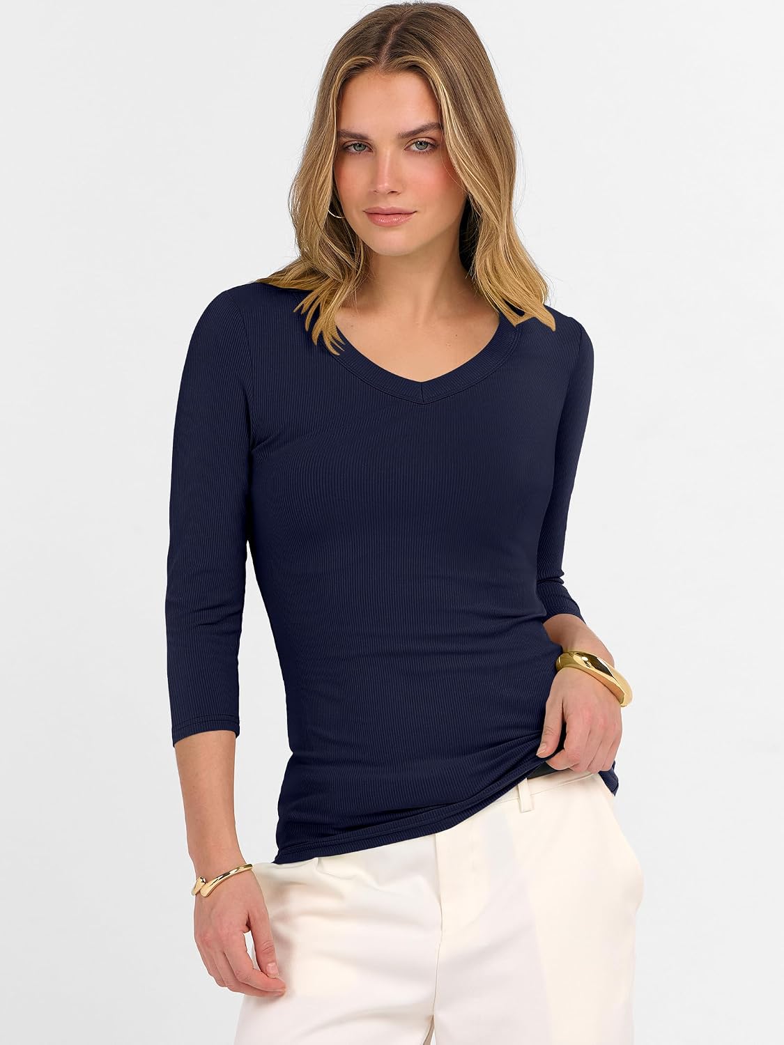 ANRABESS Womens 3/4 Sleeve Tops V Neck Fitted Ribbed Tee Shirts - Image 8