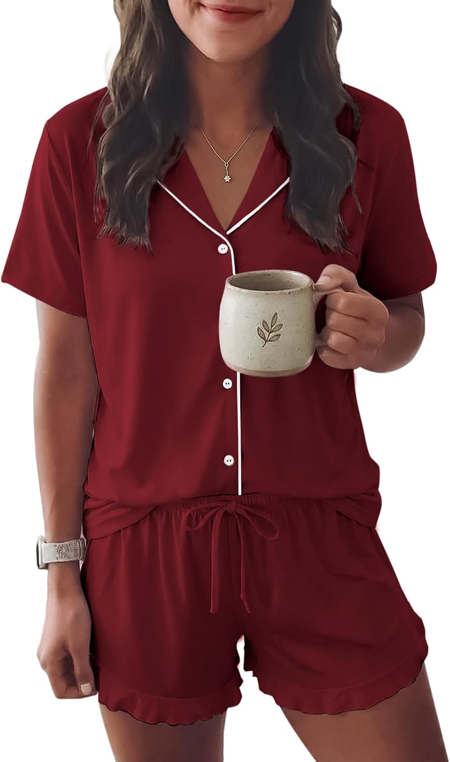 Ekouaer Womens Pajama Sets Button Down Cute Ruffled Pjs Set Sleepwear