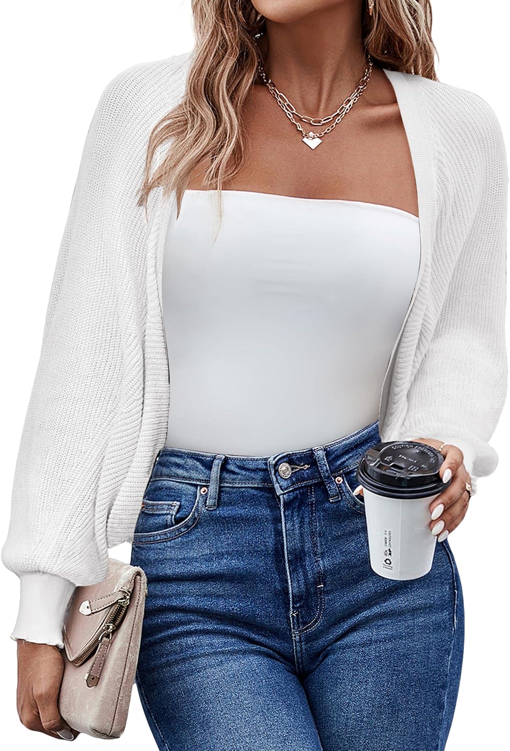 HOTOUCH Women's Cardigan Shrugs Long Batwing Sleeve Knitted Cropped Bolero Open Front Casual Elegant Cardigans for Dresses