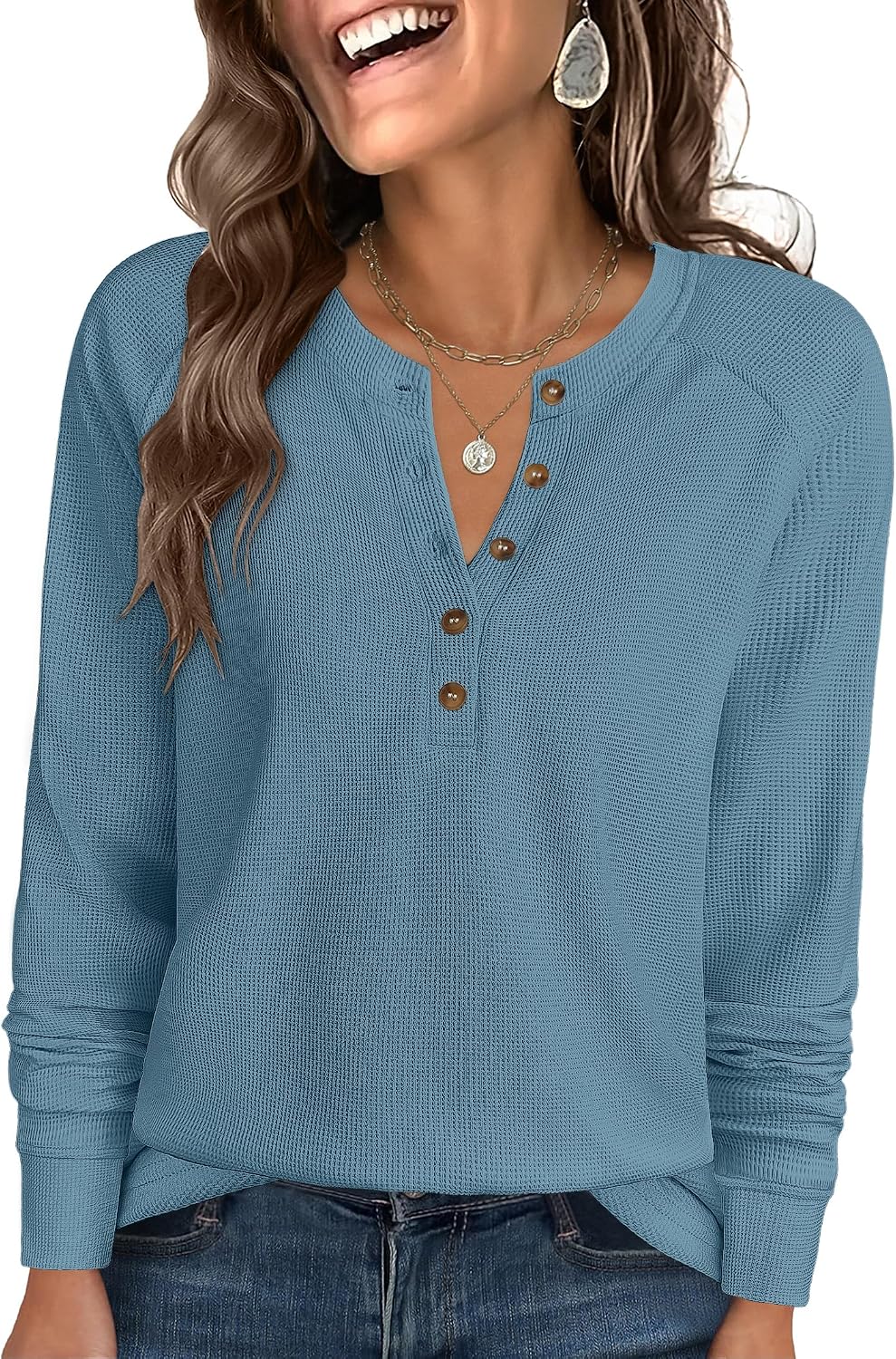 ANRABESS Women's Waffle Knit Henley Top Long Sleeve Shirts