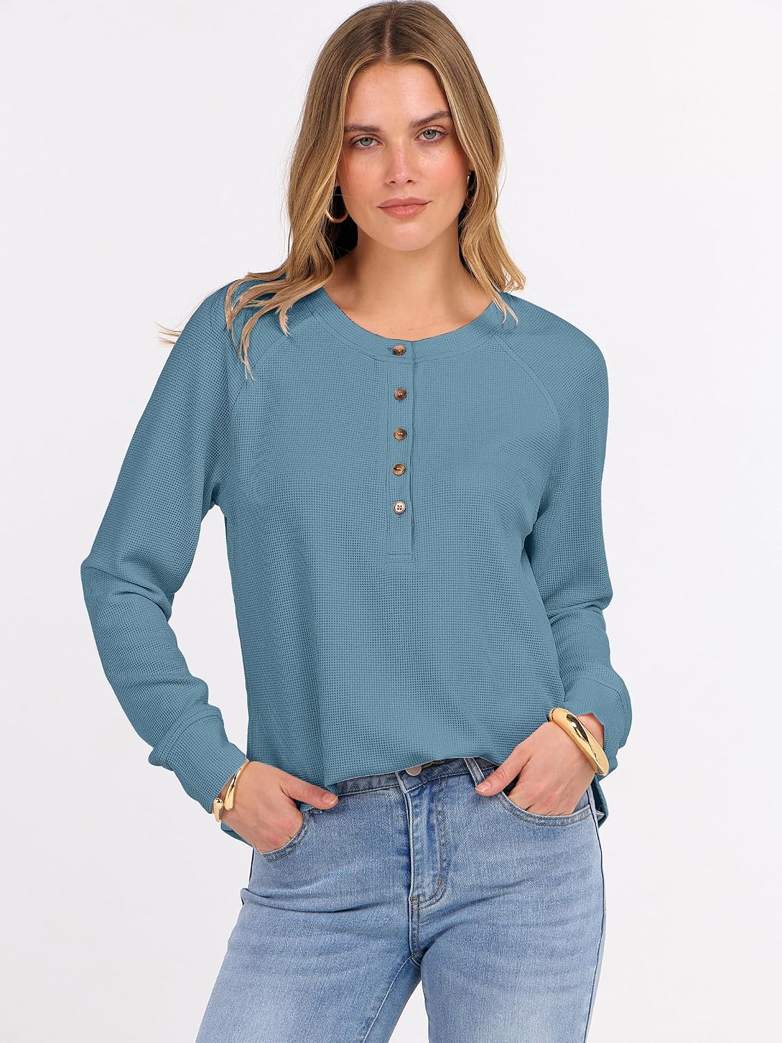 ANRABESS Women's Waffle Knit Henley Top Long Sleeve Shirts - Image 2